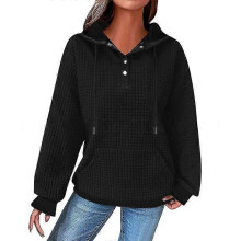(M, Black) Women's Waffle Knit Long Sleeve Loose Drawstring Hooded Sweatshirt With Pockets