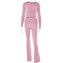 (S, Pink Set) Knitted 2 Piece Sets Women Tracksuit Long Sleeve Zipper Hooded Sweater Crop Top Flare Pants Stretch Matching Suit