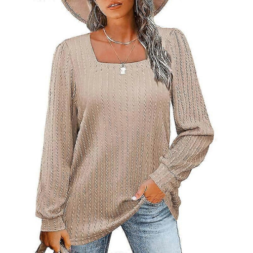 (M, Khaki) Women's Long Sleeve Square Neck Knitted Pit Pullover Sweater Casual Loose Tunic