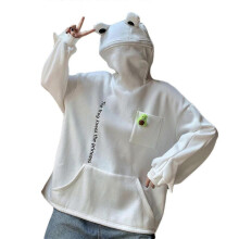 (M, White) Fleece Hoodies Frog Hoodie Winter Warm Thick Loose Oversized Sweatshirt Outwear