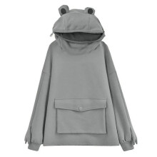(L, Gray) Fleece Hoodies Frog Hoodie Winter Warm Thick Loose Oversized Sweatshirt Outwear
