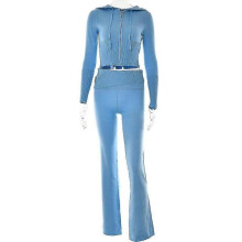 (M, Blue suit) Knitted 2 Piece Sets Women Tracksuit Long Sleeve Zipper Hooded Sweater Crop Top Flare Pants Stretch Matching Suit
