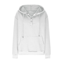 (M, White) Women's Waffle Knit Long Sleeve Loose Drawstring Hooded Sweatshirt With Pockets
