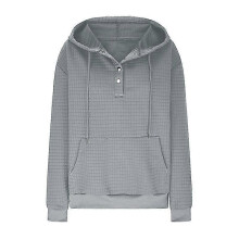 (2XL, Gray) Women's Waffle Knit Long Sleeve Loose Drawstring Hooded Sweatshirt With Pockets