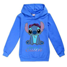 (Navy Blue, 13-14 Years) 7-14 Years Kids Boys Girls Lilo Stitch Print Hooded Sweatshirt Pullover Tops