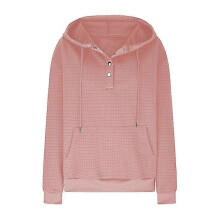 (L, Pink) Women's Waffle Knit Long Sleeve Loose Drawstring Hooded Sweatshirt With Pockets