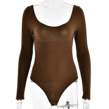 (S, coffee) Women''s Solid Color Long Sleeve Square Neck Backless Bodysuit Tops Jumpsuit