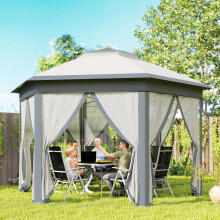 Outsunny 3x4m Hexagon Gazebo w/ Mesh Curtains Outdoor Garden, Grey