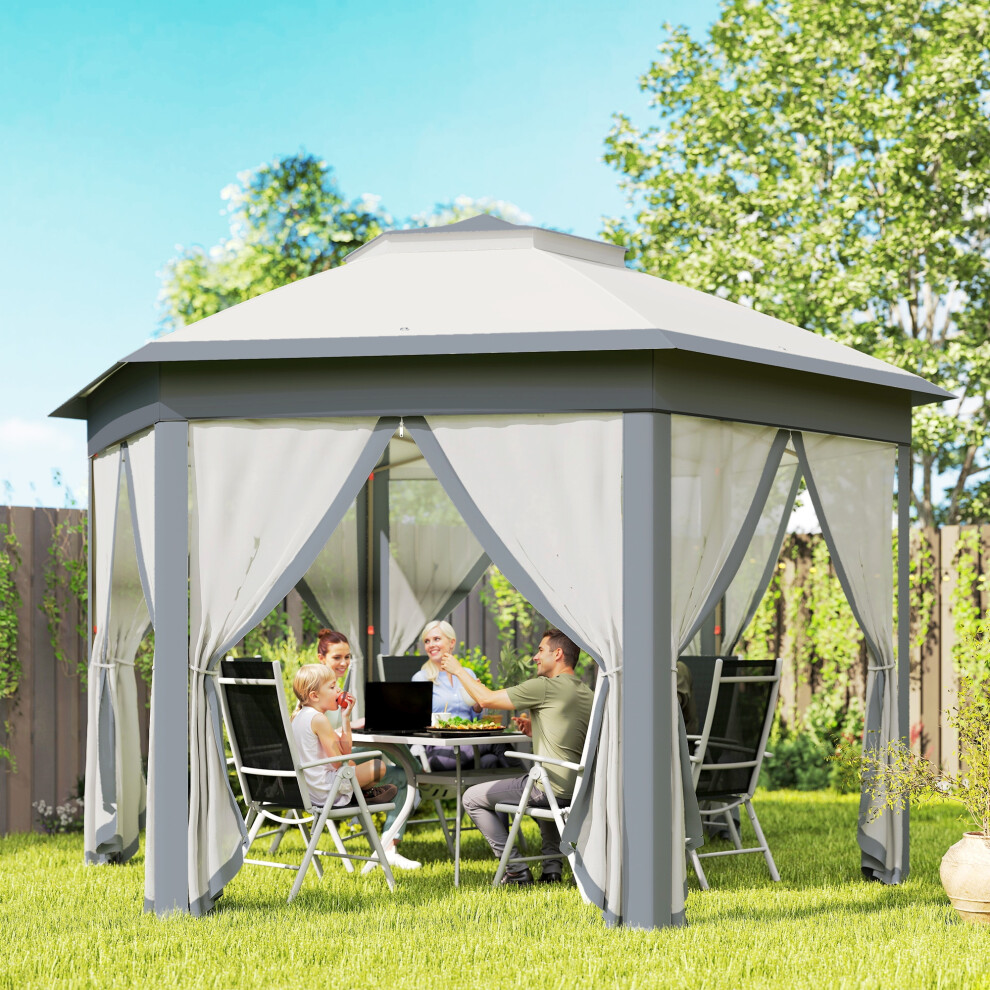 Outsunny 3X4m Hexagon Gazebo W/ Mesh Curtains Outdoor Garden, Grey