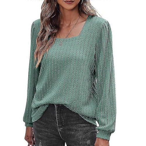 (S, Green) Women's Long Sleeve Square Neck Knitted Pit Pullover Sweater Casual Loose Tunic