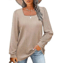 (XL, Khaki) Women's Long Sleeve Square Neck Knitted Pit Pullover Sweater Casual Loose Tunic