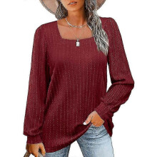 (2XL, burgundy) Women's Long Sleeve Square Neck Knitted Pit Pullover Sweater Casual Loose Tunic