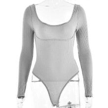 (S, Gray) Women''s Solid Color Long Sleeve Square Neck Backless Bodysuit Tops Jumpsuit
