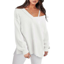 (M, White) Women Long Sleeve Shirt Off Shoulder Sweater Loose Top