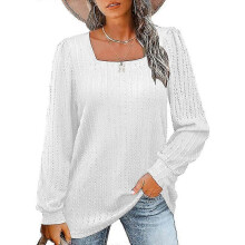 (S, White) Women's Long Sleeve Square Neck Knitted Pit Pullover Sweater Casual Loose Tunic