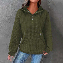 (S, burgundy) Women's Waffle Knit Long Sleeve Loose Drawstring Hooded Sweatshirt With Pockets