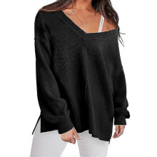 (M, Black) Women Long Sleeve Shirt Off Shoulder Sweater Loose Top