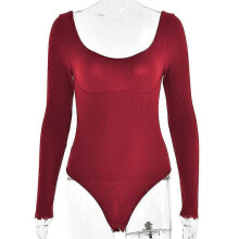 (M, Red) Women''s Solid Color Long Sleeve Square Neck Backless Bodysuit Tops Jumpsuit