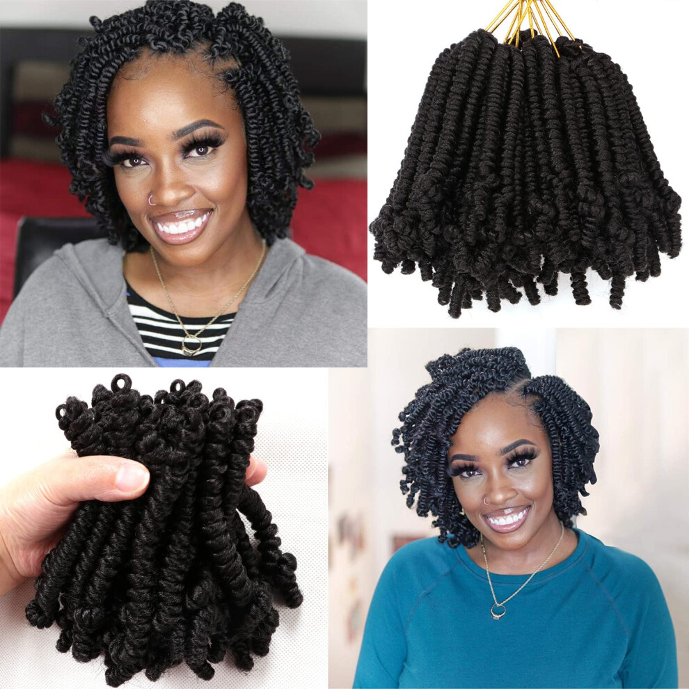 Unisex Crochet Hair 6 Inch Spring Twist, Curly End Pretwisted Passion Twist Bomb Twist Crochet Braids 1B Pack Of 8