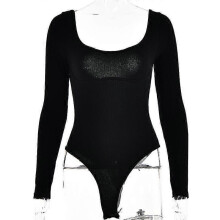 (M, Black) Women''s Solid Color Long Sleeve Square Neck Backless Bodysuit Tops Jumpsuit