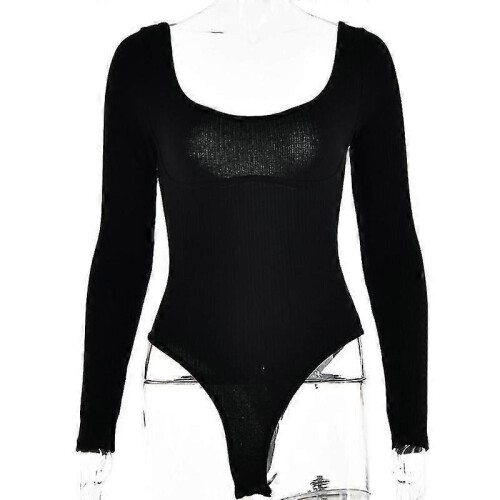 (M, Black) Women''s Solid Color Long Sleeve Square Neck Backless Bodysuit Tops Jumpsuit