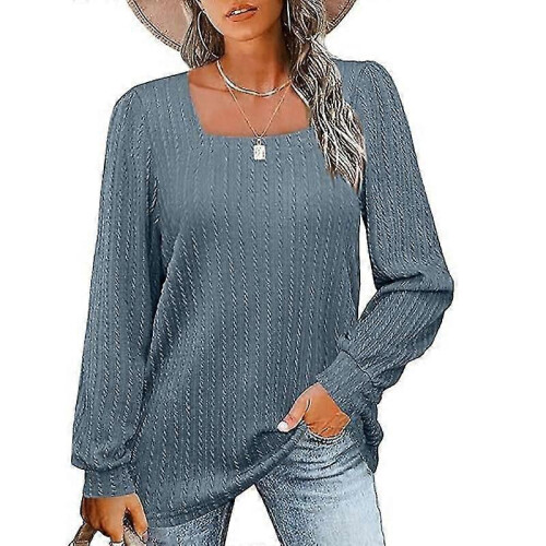 (L, Blue) Women's Long Sleeve Square Neck Knitted Pit Pullover Sweater Casual Loose Tunic