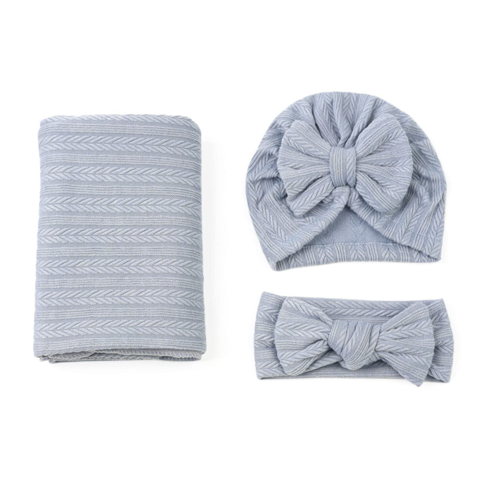 3Pcs Baby Bowknot Newborn Photography Props Set With Soft Receiving Blanket Hats Headbands For Girls Boys Blue 9001264854591