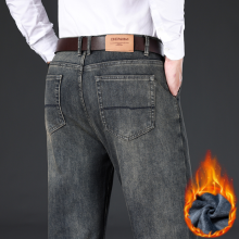 (Retro blue, 30) Men's Clothing  Winter Wool Lining Thickened Jeans Classic Men's Loose Straight Fleece Warm Business Casual Trousers