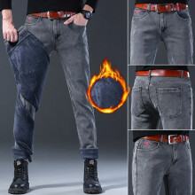 (30, Gray pants) HKEDES Winter Hot Sale Of The Season Trendy Stretchy Fleece Lined Thick Denim Mid Waist Fashionable Casual Warm Long