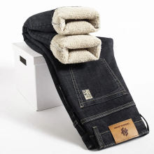 (308-black, 40) Men's Clothing  Classic Men's Business Casual Velvet Jeans 2024 New Winter Chinese Embroidery Straight Loose Warm