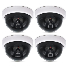 4 ks atrapa bezpečnostnej CCTV kupolovitej kamery s blikajúcim červeným LED svetlom, nálepky