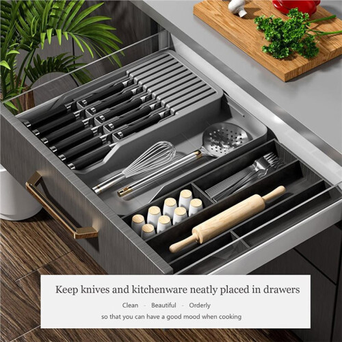 Block Holder with Expandable Organizer Storage Tray for Kitchen Countertop Retractable Organizer Drawer 2