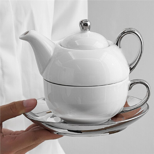 White Ceramic Tea for One Set with Handle, 450ml Teapot & 350ml Coffee Cup with Saucer 2