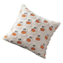 (White Orange) Halloween Decors Embroidered Cushion Cover 18x18Inch Plush Faux Furs Ghostly Pumpkin Pillow Case For Bed Sofa Living Room Multicolor