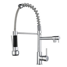 Kitchen Faucet With Pull Down Sprayer, Deck Mounted Brass Tap, Hot And Cold, Brushed Chrome, 2 Spout, Standard Fittings