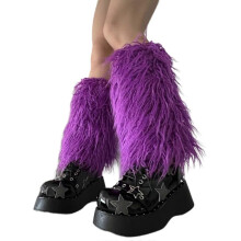 (25CM, D Purple) Women Furs Leg Warmer Winter Furry Long Boot Cuffs Fuzzy Shoe Cover Party Costume for Holiday Festival Performances Play  White 40CM