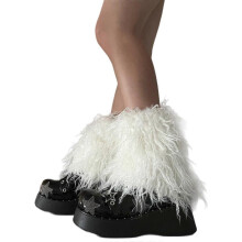 (20CM, White) Women Furs Leg Warmer Winter Furry Long Boot Cuffs Fuzzy Shoe Cover Party Costume for Holiday Festival Performances Play  White 40CM