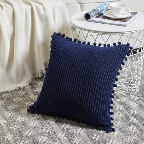 Capa de almofada retangular de veludo cotelê listrado com pompons, lavável à máquina, 30x50cm (12x20 polegadas), conjunto com 2 unidades. 2