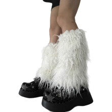 (25CM, White) Women Furs Leg Warmer Winter Furry Long Boot Cuffs Fuzzy Shoe Cover Party Costume for Holiday Festival Performances Play  White 40CM
