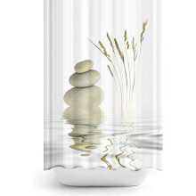 Zen-kylpyhuoneen verhot, vedenpitävä kangasverho koukuilla, kylpylästä inspiroitunut kylpyhuoneen sisustus zen-teemaan, itämaiset kivet
