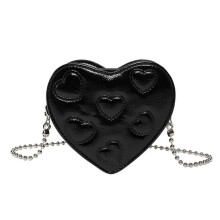 (Black) Modern Heart Detailing Women's Small Crossbody Bag PU Leather Lightweight Evening Purse With Chain Strap White