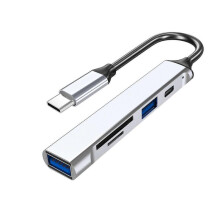 (Silver) Aluminum Alloy USB Hub to 5 in 1 Type C Data + USB 2.0/3.0 Card Reader for Laptops and Desktops  Silver