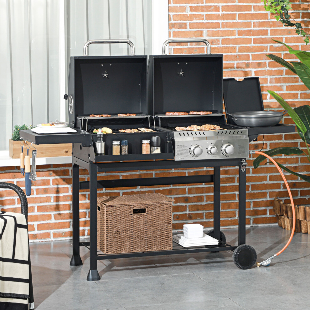 Outsunny Dual Fuel Bbq Grill With Warming Rack, Barbecue 2+1 Gas Burner