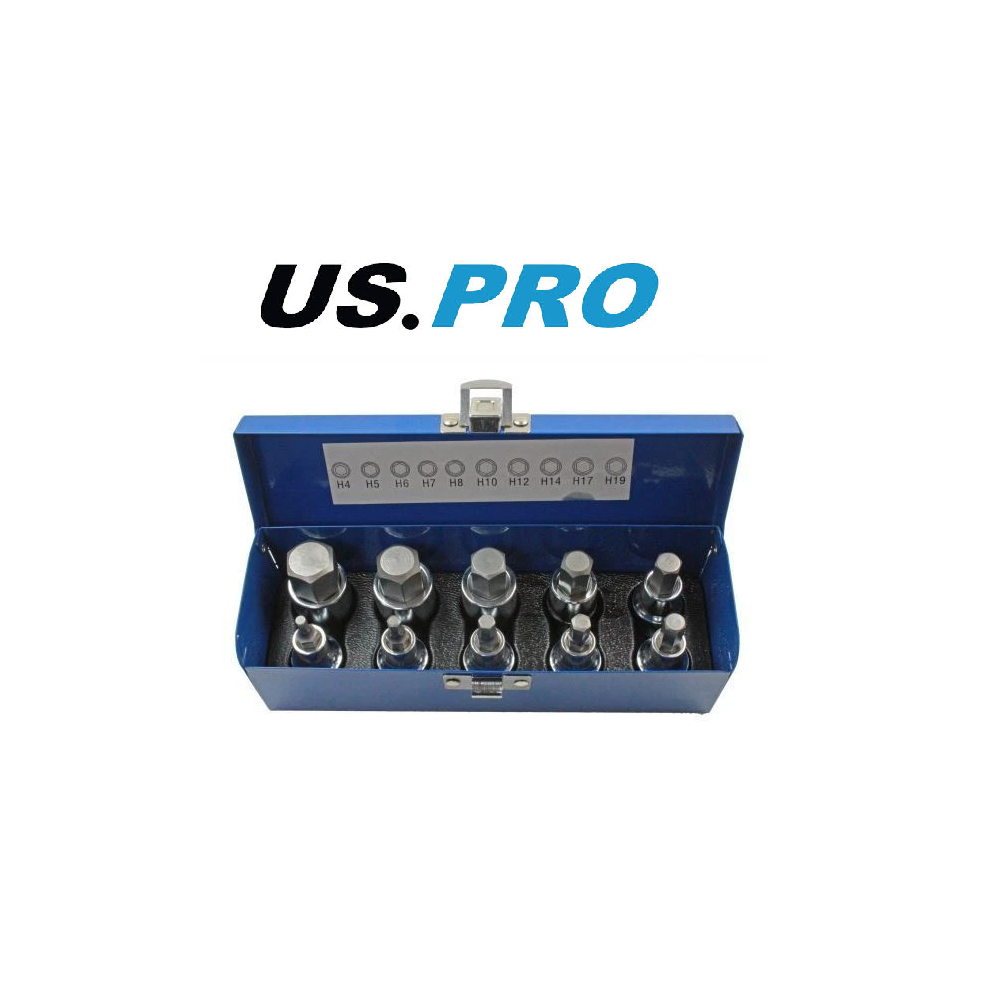 US PRO 1/2" Dr 10pc Hex Allen Bit Sockets, Socket Key Set H4 - H19