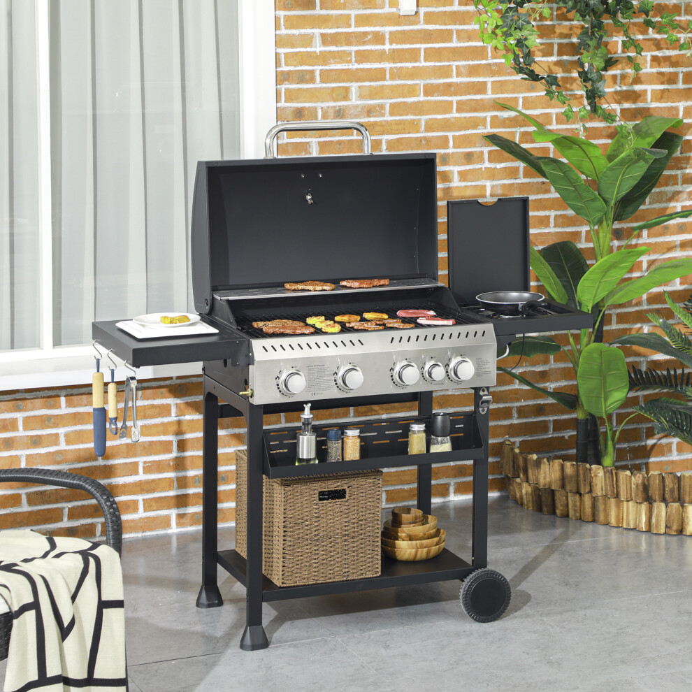 Outsunny 4+1 Burner Propane Gas Barbecue Grill With Thermometer, Bottle Opener