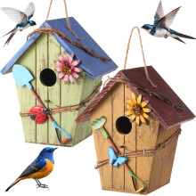 2 Pcs WeatherResistant Wooden Birdhouse Rustic Outdoor Hanging Design for Garden Yard Decor