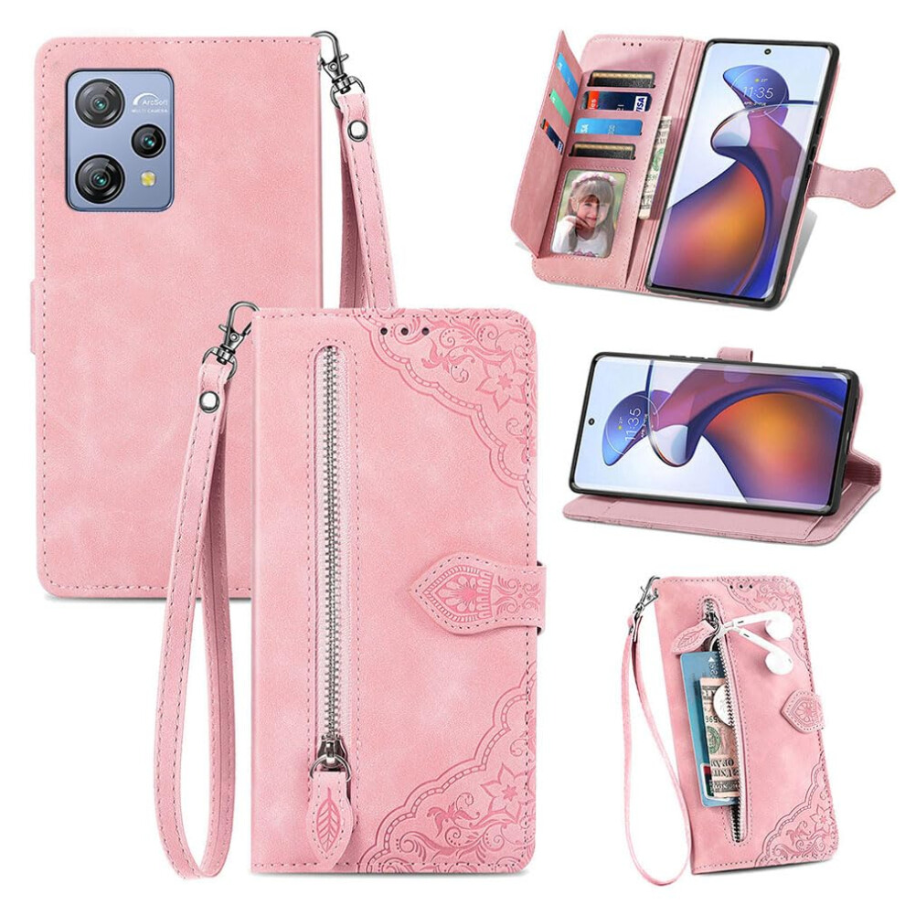 Blackview A53 Case Wallet Cover With Zip Card Slots And Tpu Embossed Skin Feel Compatible With Blackview A53 Pro Pink 9001264873578