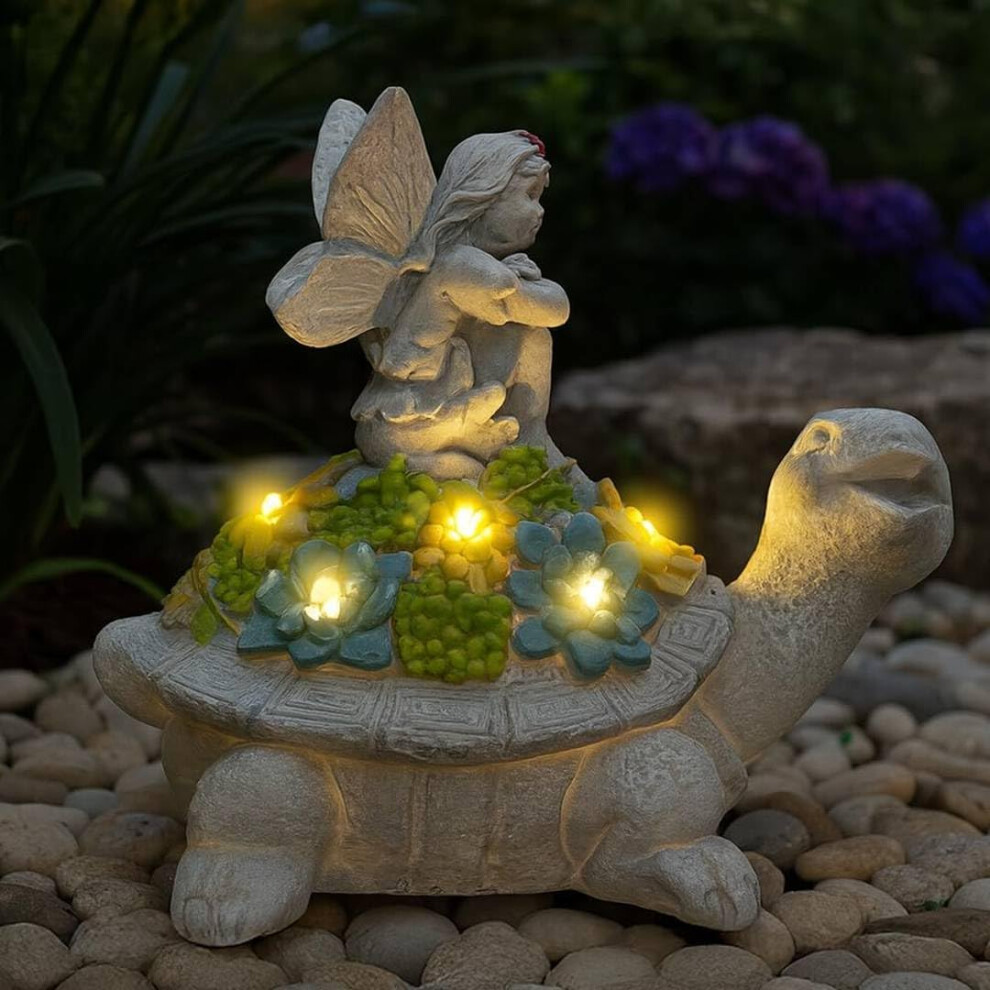 Solar Turtle Fairy Garden Ornament – Pack of 1 - 20cm x 14cm x 18cm Outdoor Tortoise Statue with Succulent Plant, LED