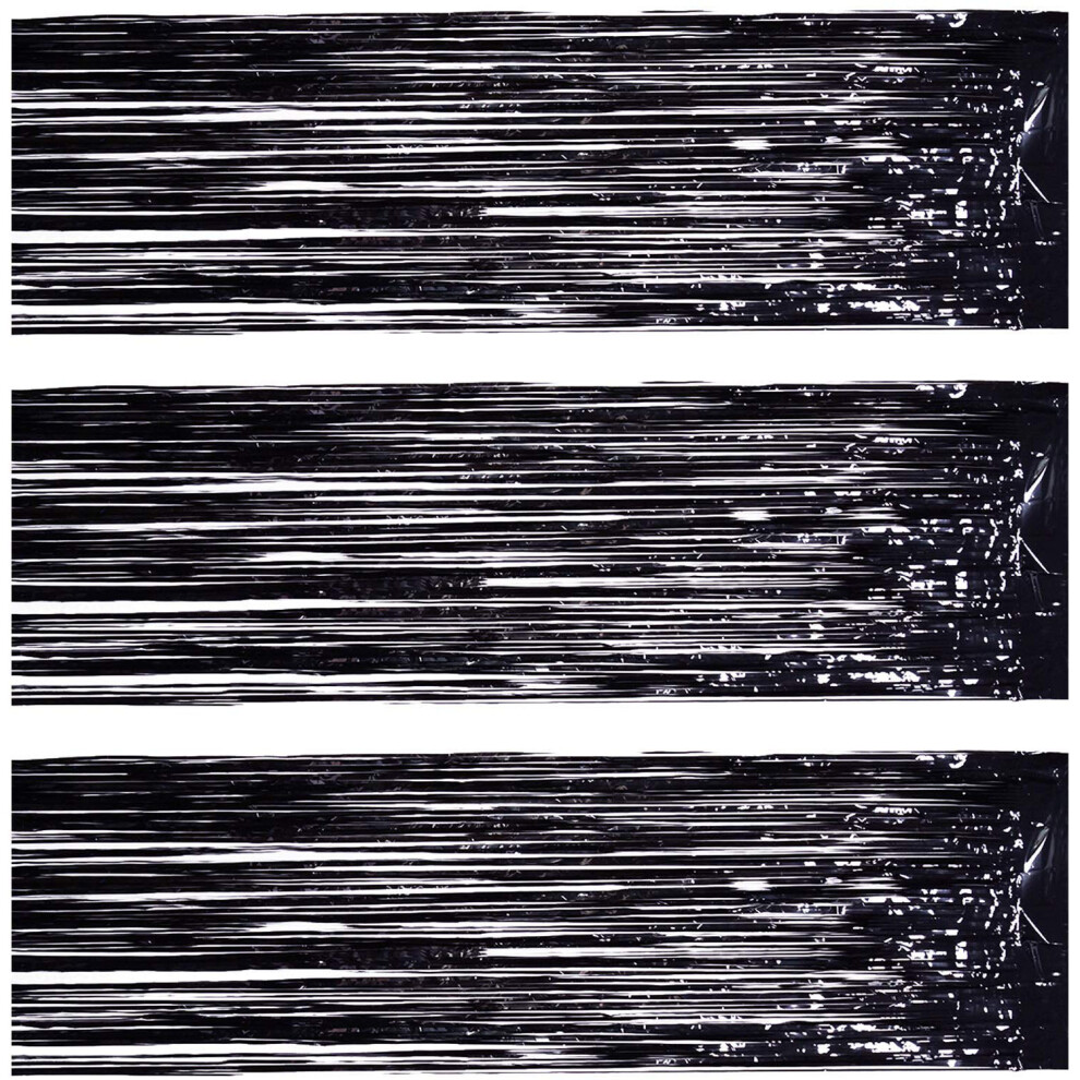 Elegant Foil Fringe Curtain Party Backdrop, Shiny Surface Black Tinsel Adds Festive Decoration To Birthday, Wedding, Theme Party Events, 3Pcs Reusable 9466005487436