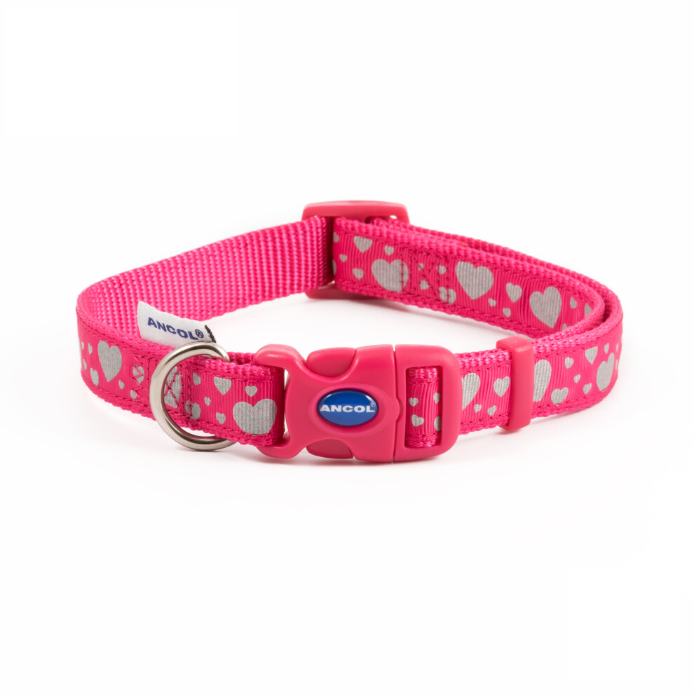 Ancol Fashion Adjustable Nylon Collar Reflective Hearts 45-70Cm Pink